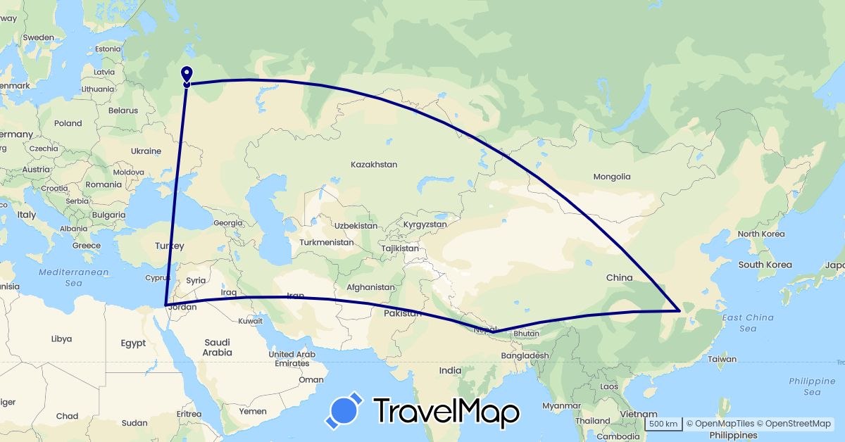 TravelMap itinerary: driving in China, Nepal, Palestinian Territories, Russia (Asia, Europe)